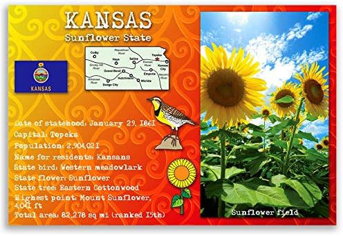 KANSAS ÁLLAM TÉNYEK képeslap készlet 20 azonos képeslapok. Képeslapok a KS tények, az állami szimbólumok. Made in USA.