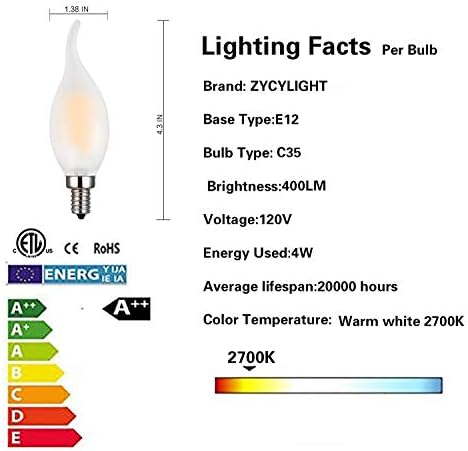 ZYCYLIGHT Gyertyatartót LED Izzó,60W Egyenértékű E12 Bázis LED Gyertya Izzó, C35 Láng Alakú Hajlított Tipp,E12 LED Izzó,6w