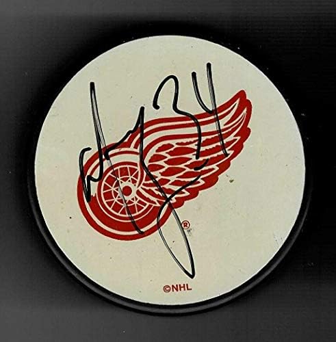 Manny Legace Aláírt Detroit Red Wings-Fehér Logó Puck - Dedikált NHL Korong